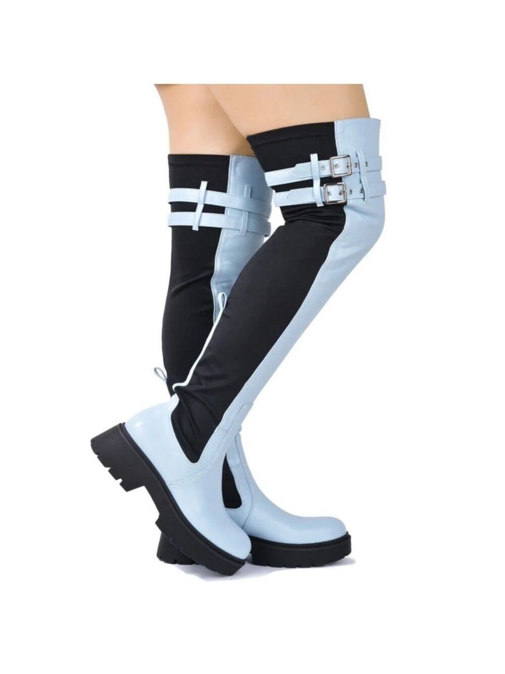 Techno Baby Blue Lycra Stretch Lug Sole Thigh High Combat Rider Brand New - Picture 14 of 16
